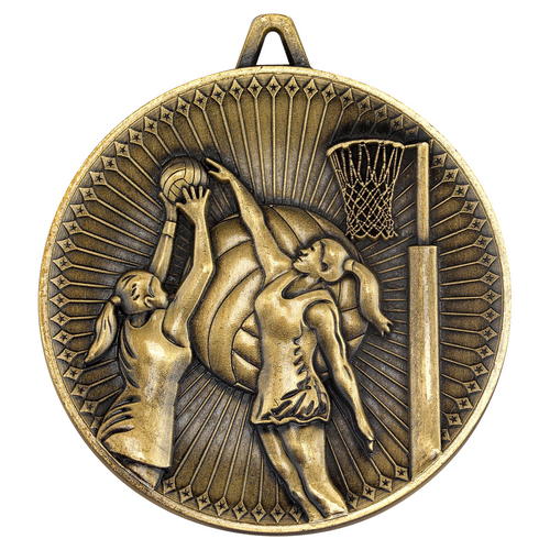 60mm Netball Deluxe Medal – Antique Gold 2.35in