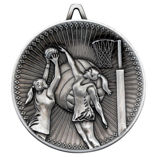 60mm Netball Deluxe Medal – Antique Silver 2.35in