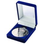 Blue Velvet Box and 50mm Medal Football Trophy – Silver