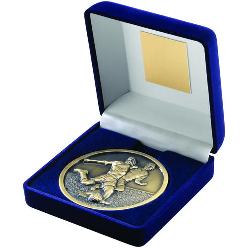 70mm Football Medal in a Blue Velvet Box