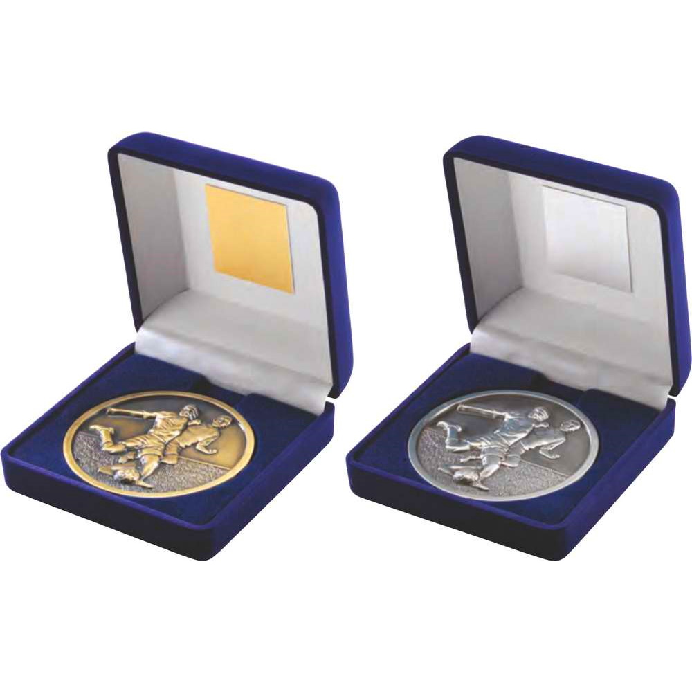 70mm Football Medal in a Blue Velvet Box