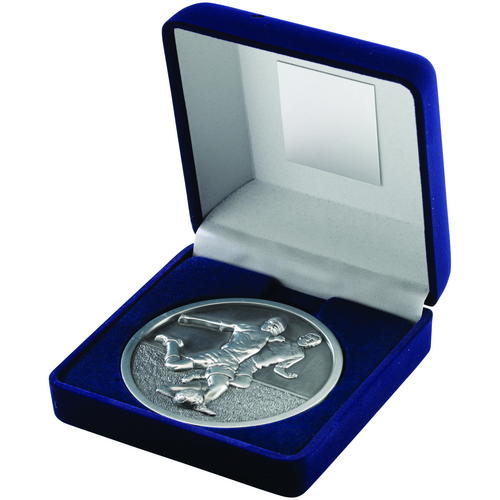 Blue Velvet Box and 70mm Medallion Football Trophy – Antique Silver