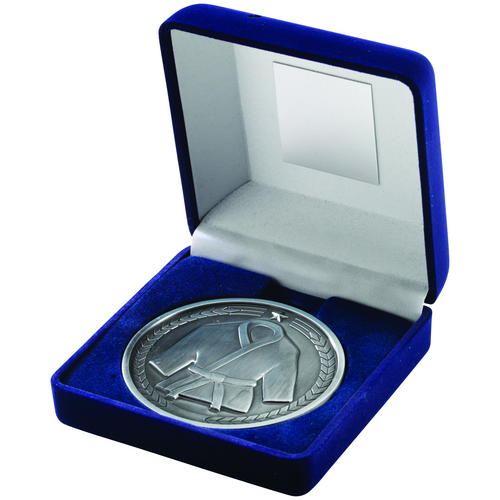 Blue Velvet Box and 70mm Medallion Martial Arts Trophy – Antique Silver 4in