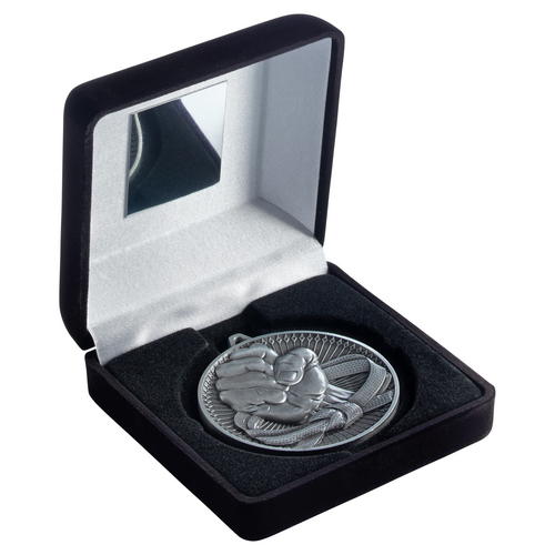 Black Velvet Box and 60mm Medal Martial Arts Trophy – Antique Silver – 4in