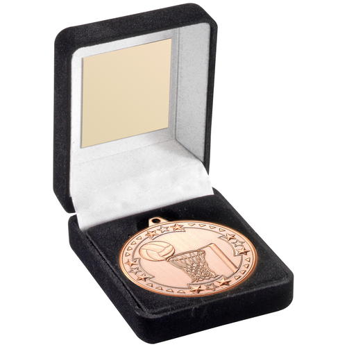 Black Velvet Medal Box and 50mm Medal Netball Trophy – Bronze – 3.5in