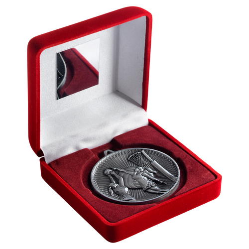 Red Velvet Box and 60mm Medal Netball Trophy – Antique Silver – 4in