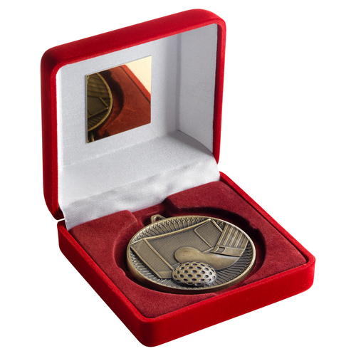 60mm Hockey Medal in a Red Velvet Box