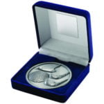 Blue Velvet Box and 70mm Medallion Golf Trophy – Antique Silver