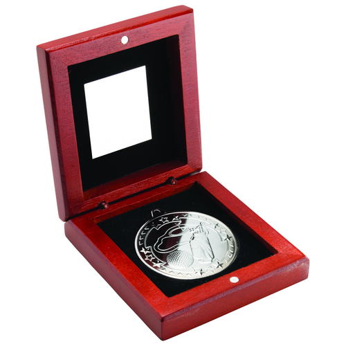 Rosewood Box and 50mm Medal Golf Trophy – Silver