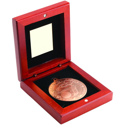 Rosewood Box and 50mm Medal Golf Trophy – Bronze