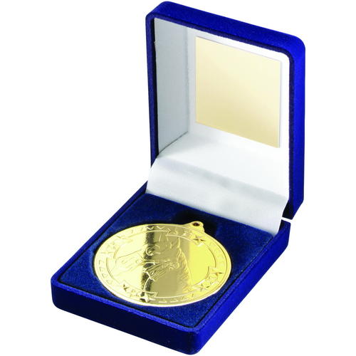 Blue Velvet Box and 50mm Medal Horse Trophy – Gold