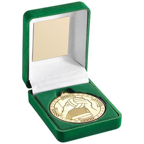 Green Velvet Box and 50mm Medal Gaelic Football Trophy – Gold