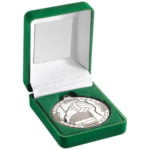 Green Velvet Box and 50mm Medal Gaelic Football Trophy – Silver