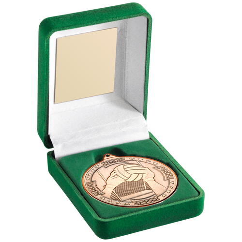 Green Velvet Box and 50mm Medal Gaelic Football Trophy – Bronze