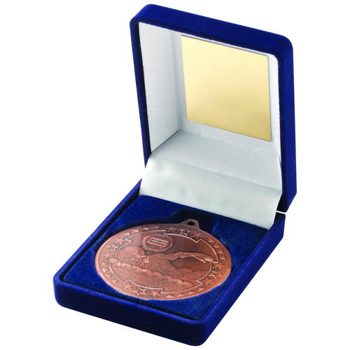 Blue Velvet Box and 50mm Medal Swimming Trophy – Bronze