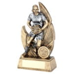 Bronze & Pewter Female Rugby Trophy on a Backdrop