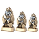 Bronze & Pewter Female Rugby Trophy on a Backdrop