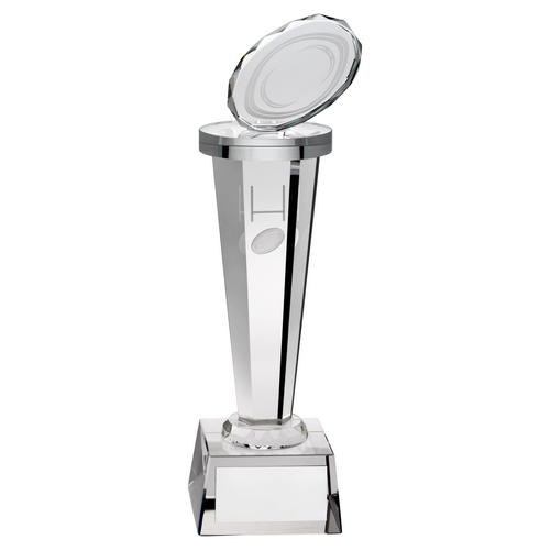 Glass Laser Column Rugby Trophy in a Free Case