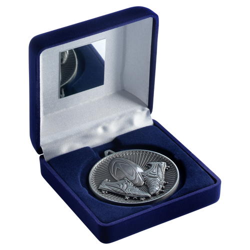 Quality 60mm Rugby Medal in a Blue Velvet Box Antique Silver