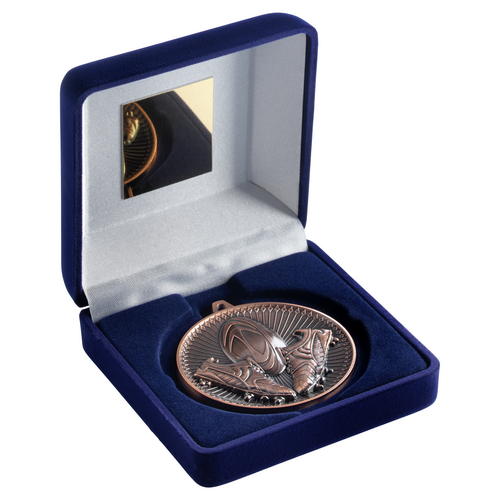 Quality 60mm Rugby Medal in a Blue Velvet Box Bronze