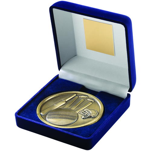 70mm Cricket Medallion in a Blue Velvet Box Antique Gold