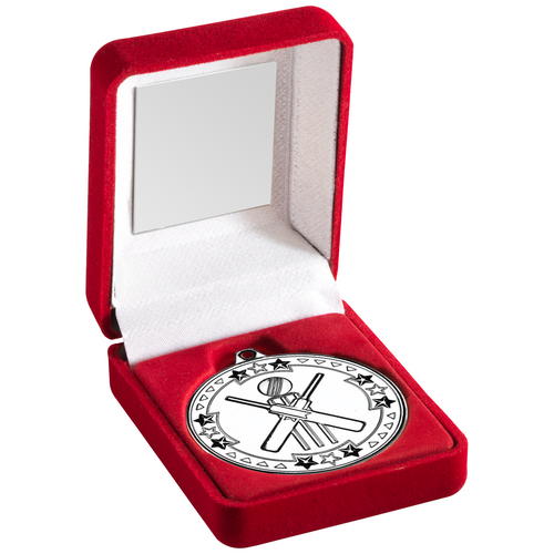 50mm Cricket Medal in a Red Velvet Box Silver