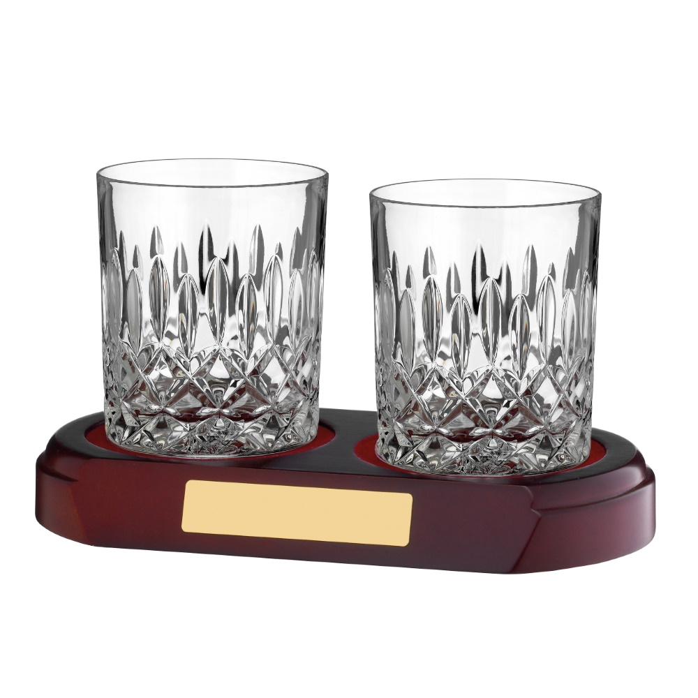 Fully Cut Whisky Glass 40cl Pair with a Double Wooden Base