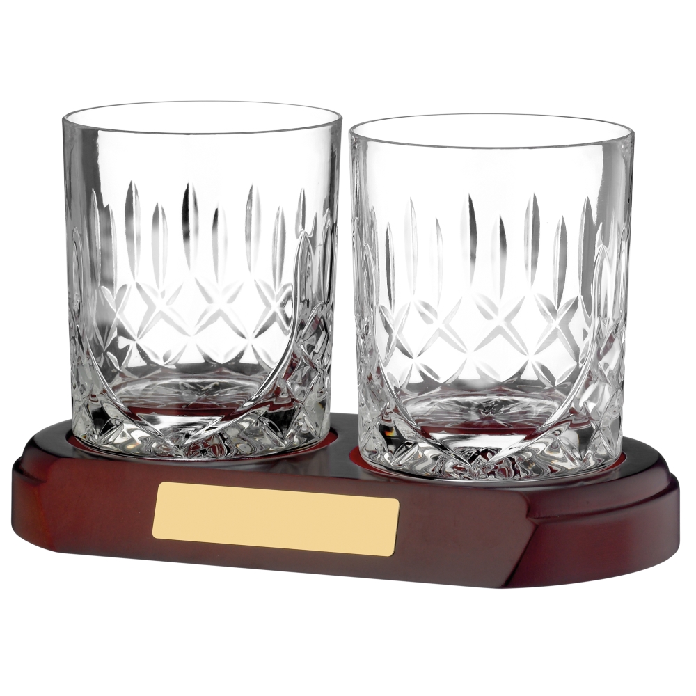 3/4 Cut Panelled Whisky Glass 40cl Pair with a Double Wooden Base