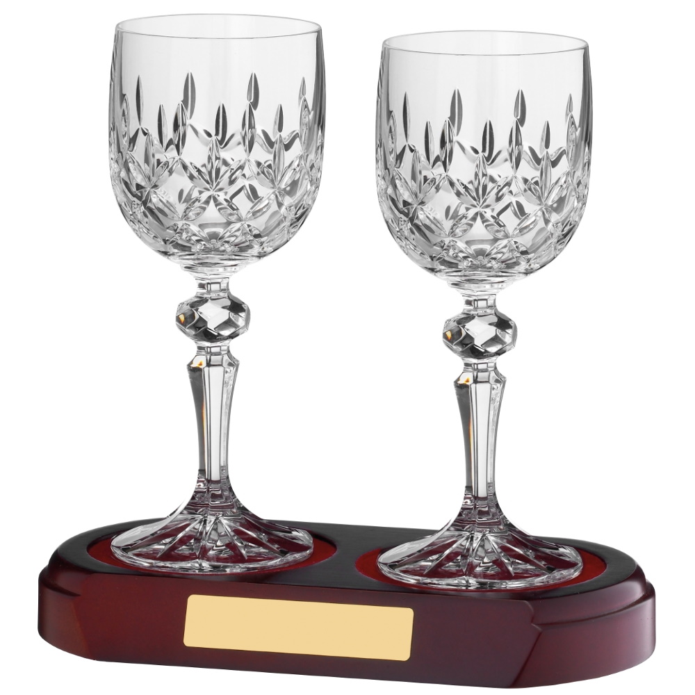 Fully Cut 20cl Crystal Wine Glass Pair with a Double Wooden Base