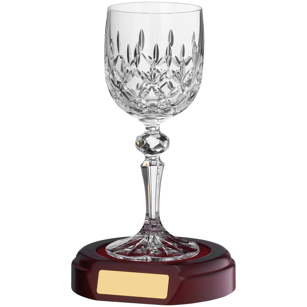 Fully Cut 20cl Crystal Wine Glass with a Single Wooden Base