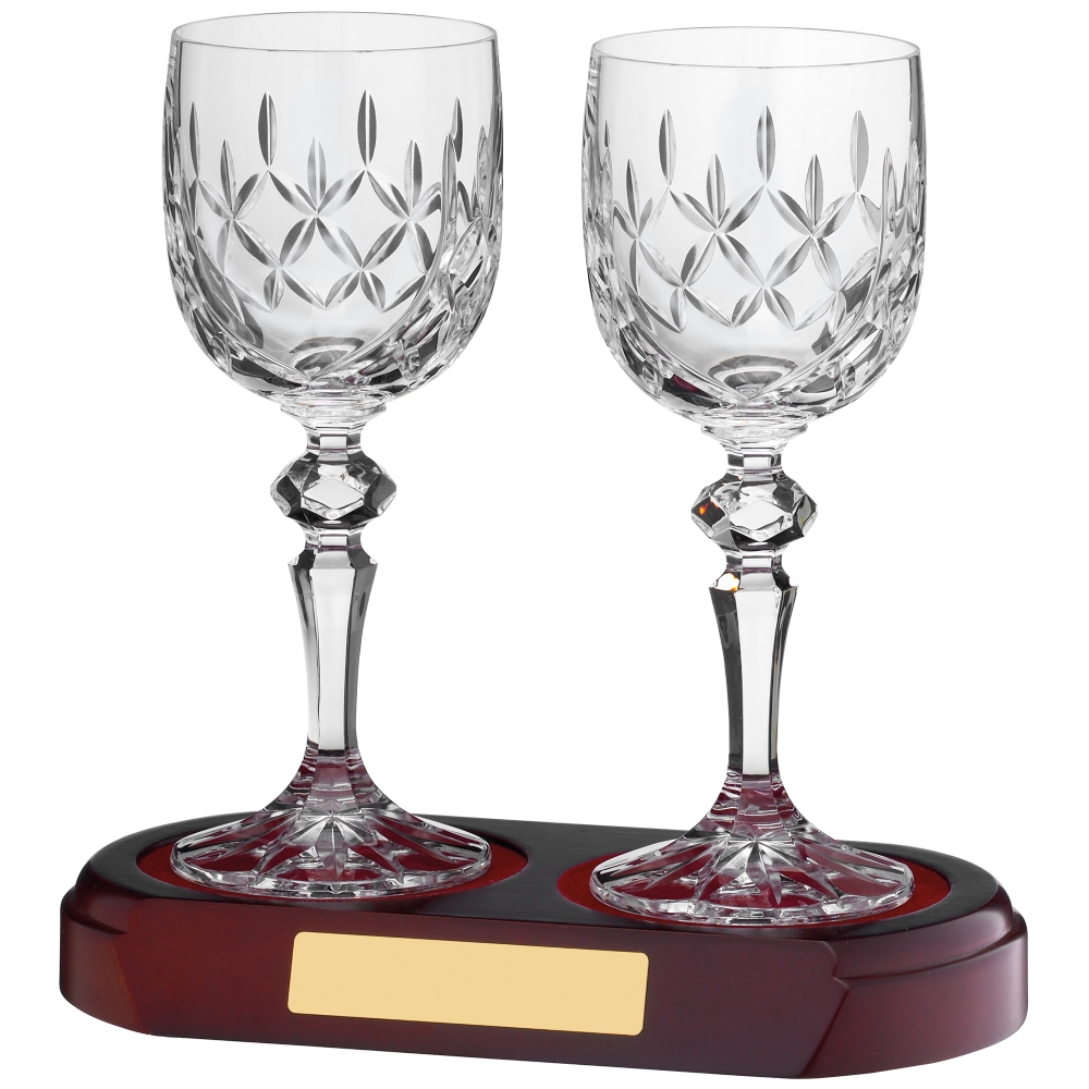 3/4 Cut Panelled Wine Glass 20cl Pair with a Double Wooden Base