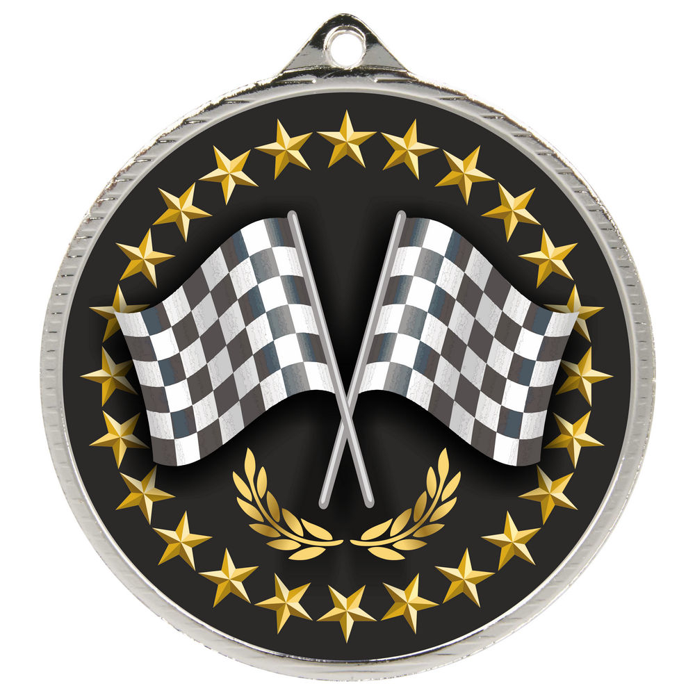 55mm Crossed Flags Motorsport Medal Silver