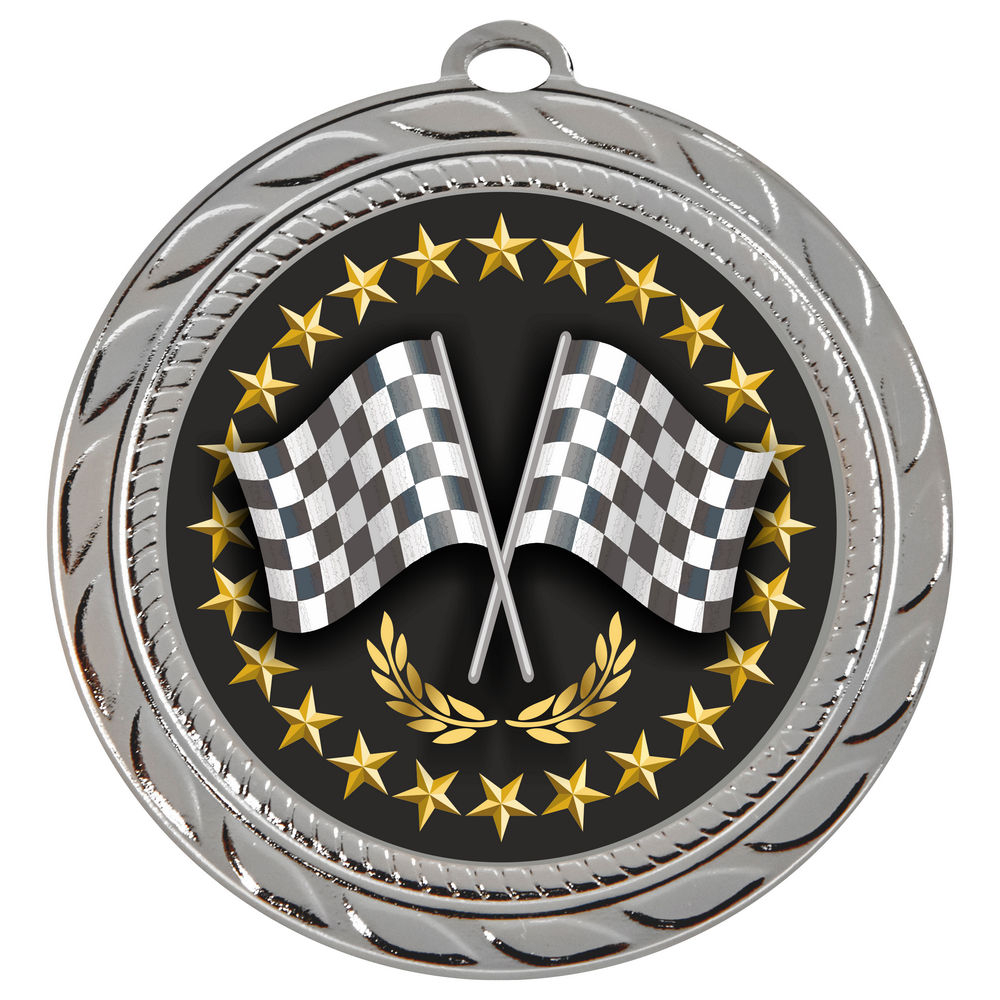 70mm Crossed Flags Motorsports Medal Silver